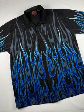 Dragonfly Clothing Y2K MENS M Black Blue Flames Button Down Shirt 90s VINTAGE